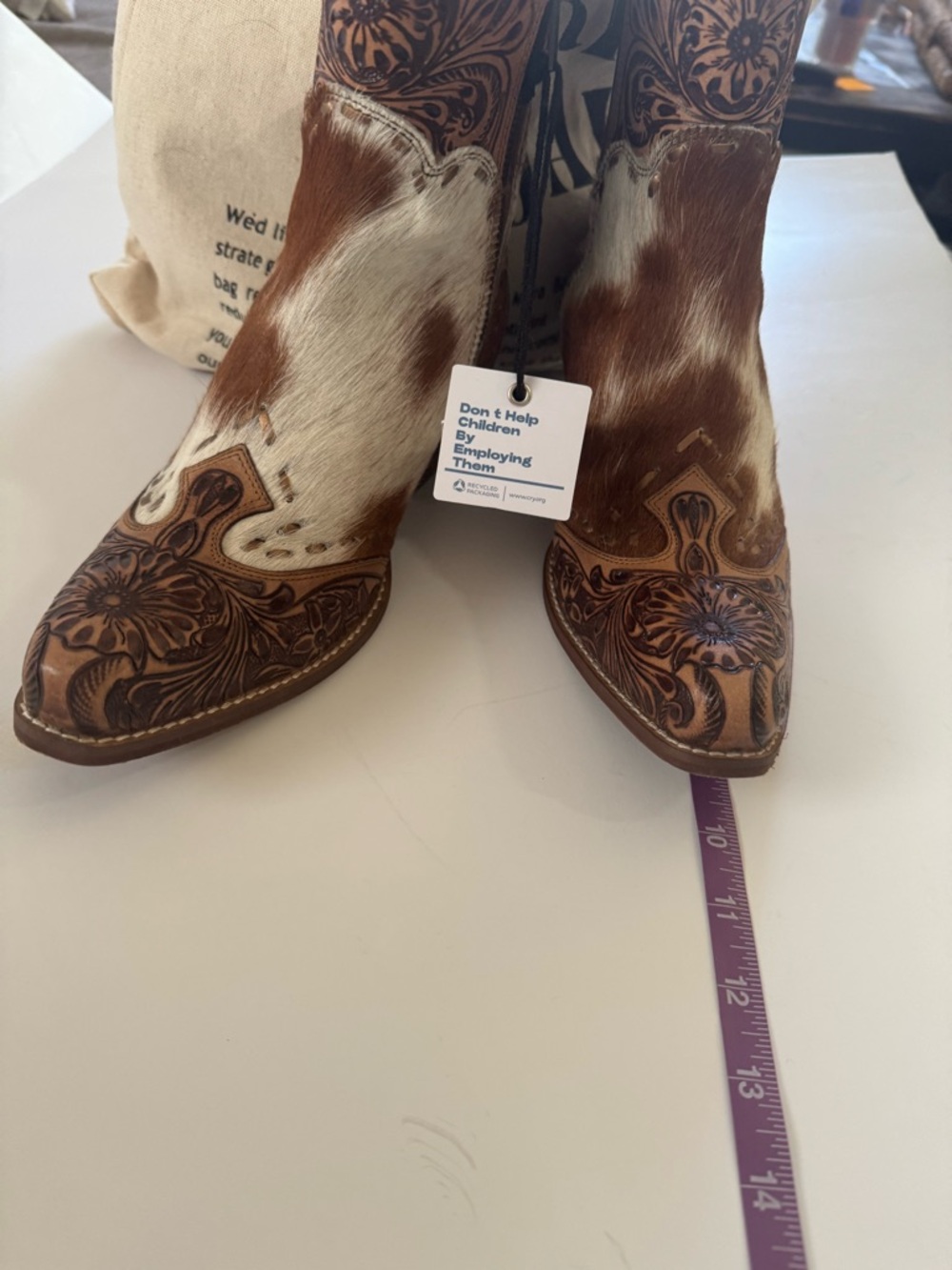 Myra Bag Brown & White Cowhide Tooled Leather Ankle Boots 8 - Picture 10 of 11